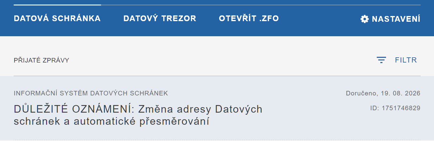 Сервисное сообщение о смене домена цифрового ящика в Чехии