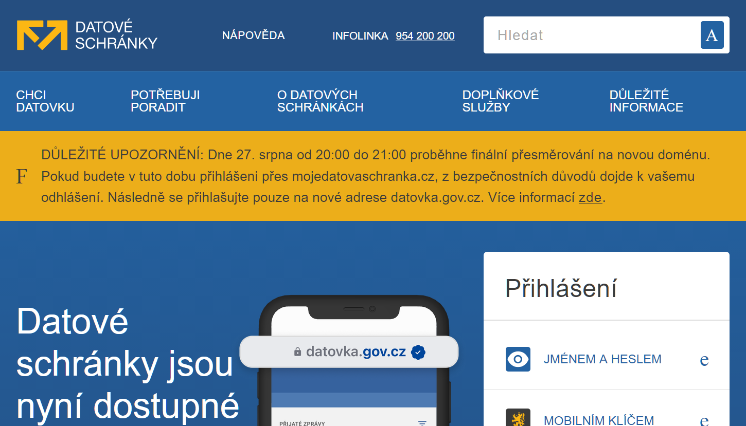 Страница входа в личный кабинет datová schránka